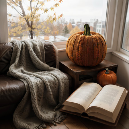 Cozy autumn still life with pumpkins knitted woolen sweater and books on windowsill Autumn home decor Cozy fall mood Autumn reの素材
