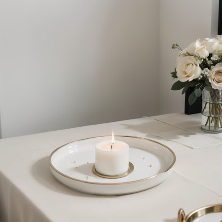White room interior decor with burning made candle and bouqの素材