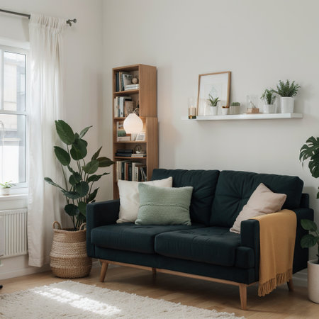 Interior in flat style banner Design of a modern room with a sofa lamp bookcase carpet shelves and houseplantの素材