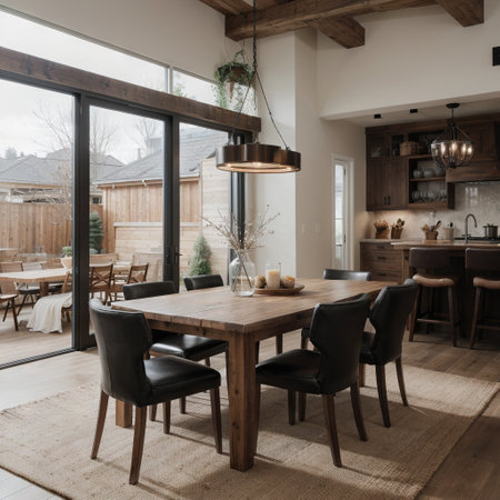Luxury New construction home with open floor plan: dining and kitchen design Rustic wood dining table matches with modern style lの素材