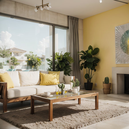 Modern living room interior villa or resort decoration with yellow color concrete wall long cactus in in glass semi outdoor roomの素材