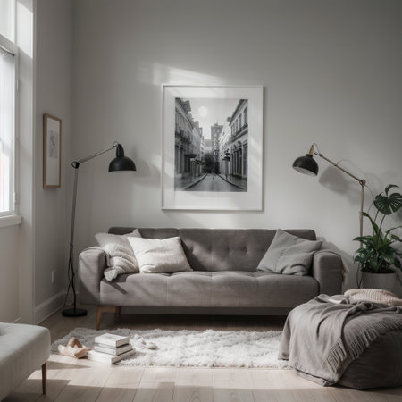 hanging a frame on a gray wall sun lightの素材