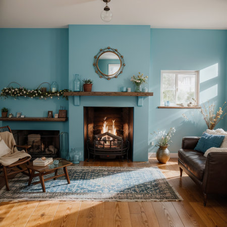 Fireplace with beautiful blue decorations in roomの素材