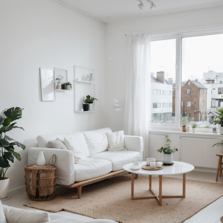 White living room with sofa and summer landscape in window Scandinavian interior designの素材