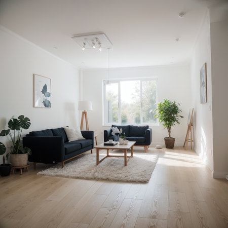 Blue minimalist living room interior with sofa on a wooden floor decor on a large wall white landscape in window Home nordic inの素材