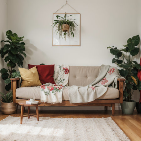 Wooden table between a sofa with green blanket and red chair in living room interior with ficusの素材