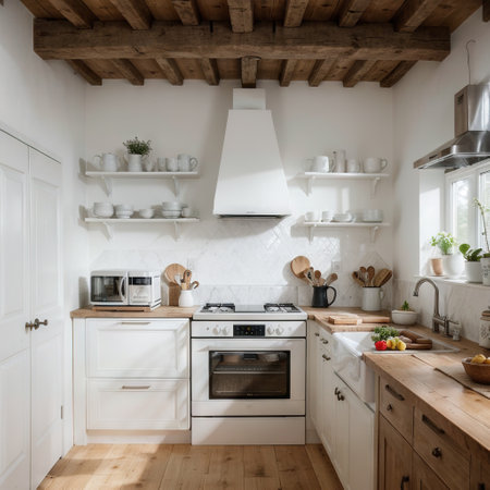 interior of a kitchen in the countryside with white wooden floor and ceilingの素材
