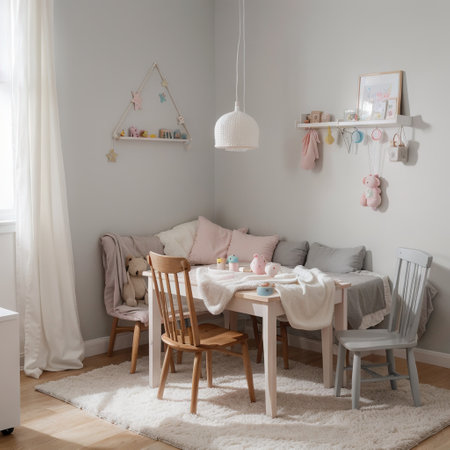Cute room interior with furniture and toy near light grey wallの素材