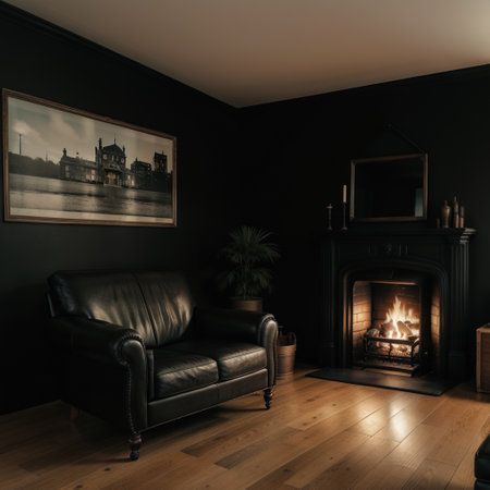 Retro vintage interior Retro living room interior in dark black colors Retro leather chair fireplaceの素材