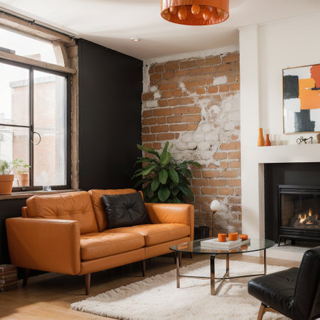 Colorful pillows on a sofa with brick wall in backgroundの素材