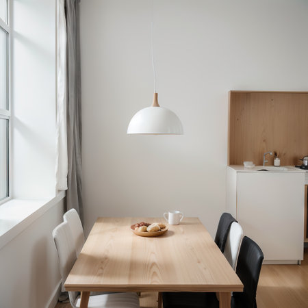 Modern minimalistic kitchen and dining room interior with wooden grey and white surfaces Aesthetic simple interior design concepの素材