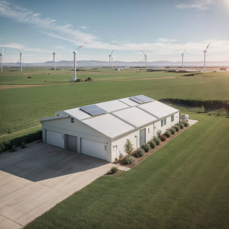 Concept of a home energy storage system based on a lithium ion battery pack situated in a modern garage with view on a vast landscの素材