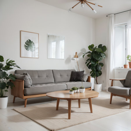 Minimal Scandinavian home living room interior design with comfortable wood sofa small wood dining table set indoor plants framの素材