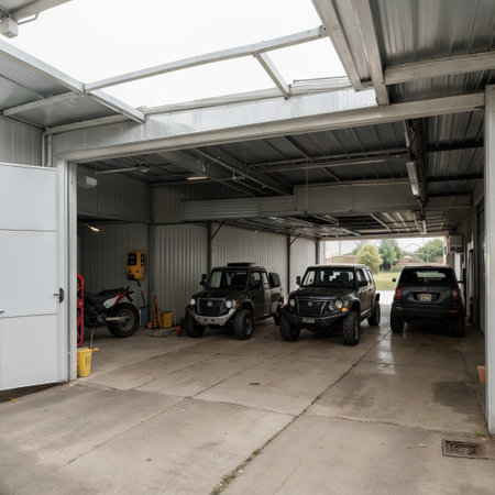 Home suburban countryside modern car and ATV double garage interior with wooden shelf tools and equipment stuff storage warehouseの素材