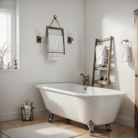 Mock up frame in bathroom interior with ladderの素材