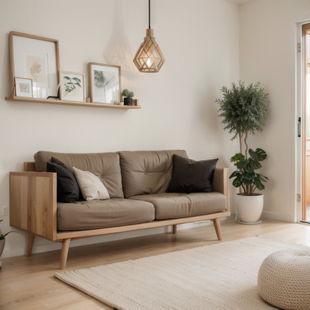 Modern Japandi appartment interior design in earth tones natural textures with wooden solid oak furniture clay textured wall Japの素材