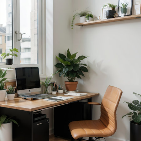 Stylish workplace with desk chair bookcase and potted plants at homeの素材