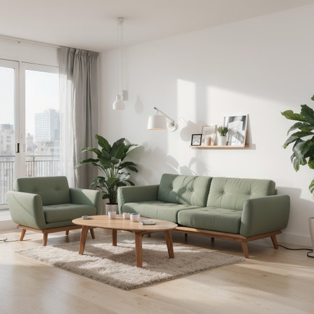 Modern minimalist bright tones living room light sofas and bedside tables floor lamps etcingの素材