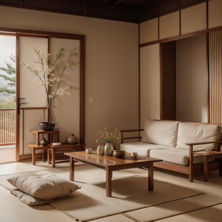 Zen room interior wooden wall on tatami mat floor low table and armchairingの素材