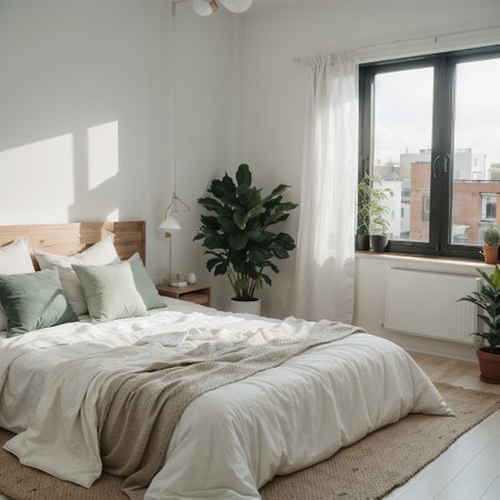 Modern white and green minimalist bedroom with parquet big window house plants soft duvet and pillows Eco green concept interの素材