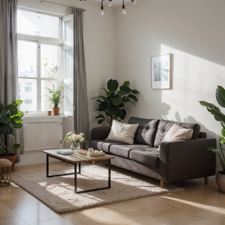 Modern interior design of a living room in an apartment house office fresh flowers and bright modern interior details and sunbeの素材