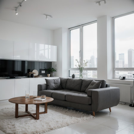 Interior of modern living room with white walls concrete floor comfortable gray sofa standing near round coffee table and librarの素材