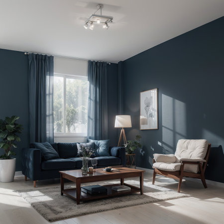 Interior of light room with armchair on empty dark blue wall backgroundingの素材