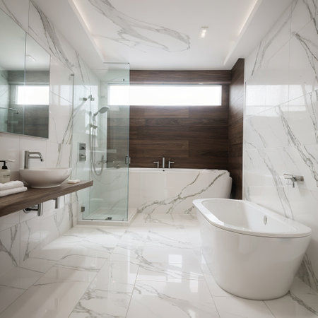 Stylish interior of bathroom with bathtub shower towels and other personal bathroom accessories Modern and design interior Marの素材
