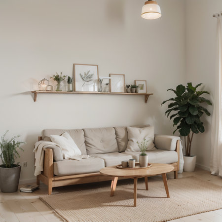 Scandinavian farmhouse style beige living room interior with natural wooden furniture Mock up plaster wall background illustratの素材