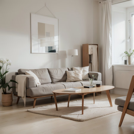 Empty poster frames on beige wall in living room interior with modern furniture and big window gray sofa loftの素材