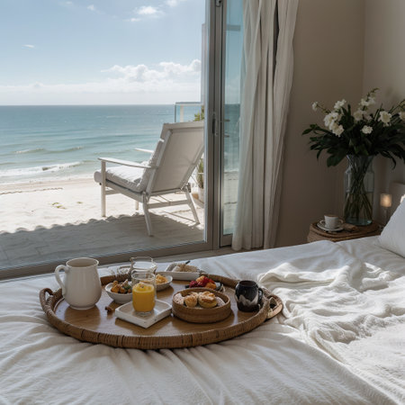 Breakfast tray and magazine on bed overlooking oceanの素材