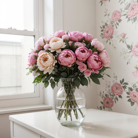 Beautiful pink peonies in a vase at home interior Flower composition Floral shop concept Beautiful fresh cut bouquet Flowers dの素材