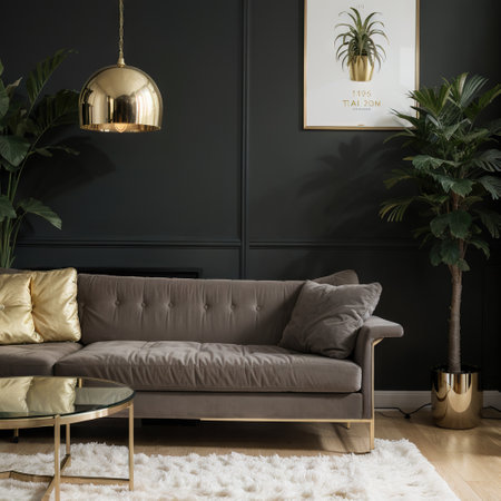 Chic mid century modern luxury aesthetics living room with gray velvet couch and golden lampの素材