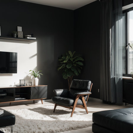 Modern dark living room interior design with stylish furnitures stylish TV cabinet with home decor comfortable chair minimal laの素材