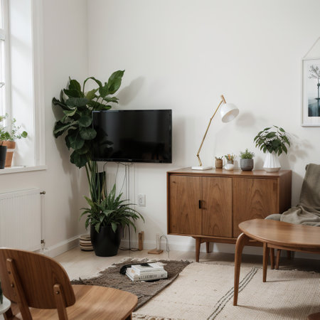 Stylish interior of living room with mock up poster frame wooden commode book leaf in ceramic vase and elegant personal accessoの素材