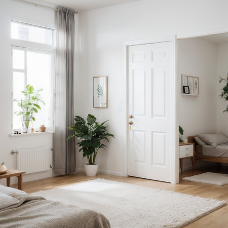modern bedroom with side table with white door and sofa with indoor plant bed with bedside table with wall shelf white door withの素材