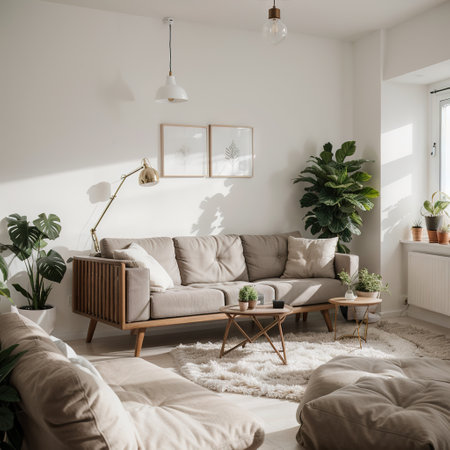 Living room wall mockup in bright tones with have sofa and plant with white wall backgroundingの素材