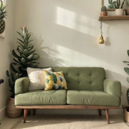 Cactus on shelf in relax room with green armchair and pineapples on rustic cupboardの素材