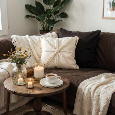 Still life home decor in a cozy house with wooden letters with the inscription home The concept of decor and comfortの素材