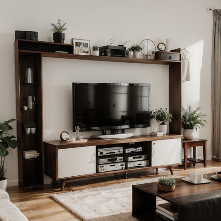 Modern interior of living room with cabinet for tv on wooden slat cream color wall backgroundingの素材