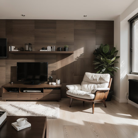 TV and cabinet in modern living room with leather armchair on wooden wall backgroundingの素材