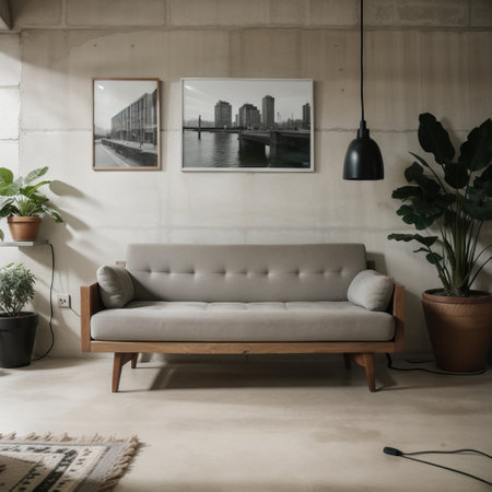 Modern living room with three empty picture frames iron brown relax chair green plant lamp stand wooden tea table and clockの素材