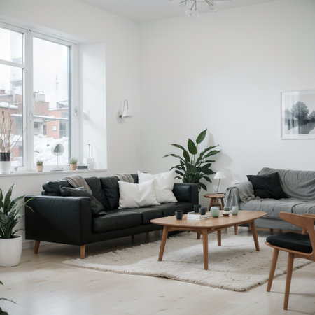 White living room with sofa and winter landscape in window Scandinavian interior designの素材