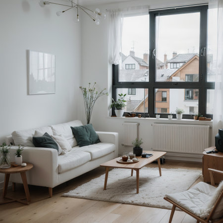 White living room with sofa and winter landscape in window Scandinavian interior designの素材