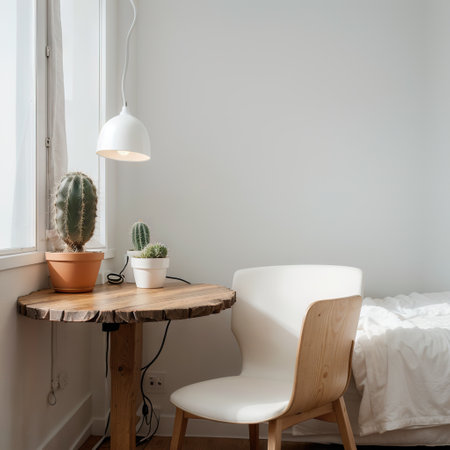 Sunny morning in Clean and stylish white bedroom interior cactus standing on wooden table and black lamp on another side Empty wの素材