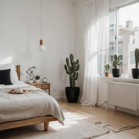 Sunny morning in Clean and stylish white bedroom interior cactus standing on wooden table and black lamp on another side Empty wの素材