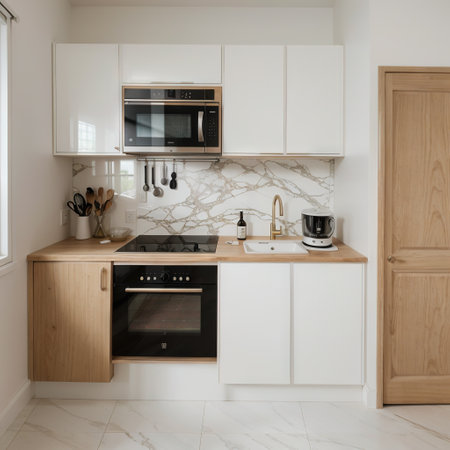 Interior of a modern kitchen with a bar with wooden inserts and white marble tiles in a small apartmentの素材
