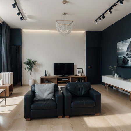 Modern interior of living room with cabinet and armchair on dark blue wall background ingの素材