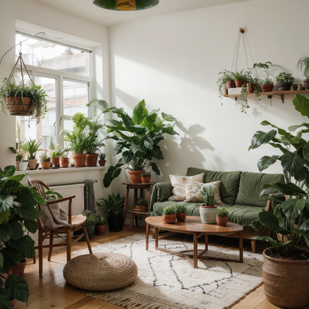Decorative houseplants in the living room in the style of boho or loft Modern stylish interior of the house with plants in potsの素材