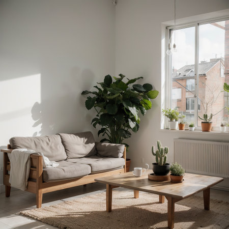 Indoor plant on wooden coffee table and small sofa with empty white concrete wall background Relaxing area near door in bright liの素材